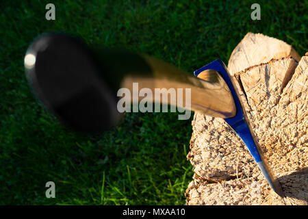 Ax bloccato in uno stelo. Blue ax vicino. La lavorazione del legno del concetto. Foto Stock