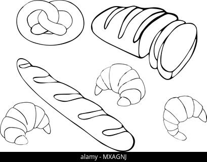 Vettore di pane disegnati a mano impostare l'illustrazione. Alimenti di glutine di raccolta da forno. Isolato su sfondo bianco. Illustrazione Vettoriale