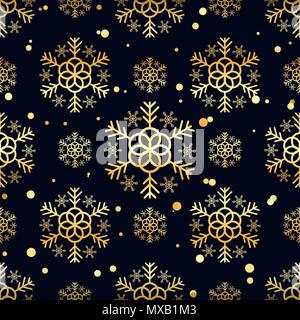 Oro fiocchi di neve e circoli su sfondo nero. Inverno sfondo. Modello di natale EPS 10 Illustrazione Vettoriale