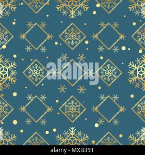 Natale Oro Snowflake seamless pattern. Golden di fiocchi di neve sul rombo blu sullo sfondo. Neve invernale texture di sfondo. Simbolo holiday, Nuovo Anno celeb Illustrazione Vettoriale