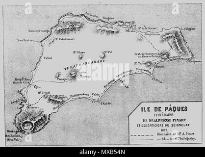 . Inglese: mappa dell'isola di pasqua da Pinart in una relazione che è stata pubblicata in un viaggio intorno al mondo. Questa mappa è stata basata da Pinart sulla mappa tracciata dai funzionari di O'Higgins, nel gennaio 1870, di cui una copia può essere trovato nel Museo di Tahiti. 11 novembre 2012, 21:42:58. Gli ufficiali del cileno corvette O'Higgings (1866) 301 Isla de Pascua-4 Foto Stock