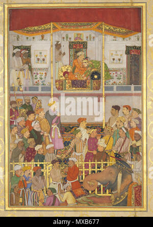 . Inglese: Jahangir riceve il principe Khurram ad Ajmer al suo ritorno dalla campagna di Mewar: Pagina dal Windsor Padshahnama Balchand (attivo 1595-ca. 1650) Data: ca. 1635 Cultura: India (corte Mughal a Lahore o Daulatabad) Medio: acquerello opaco e oro su carta di dimensioni: pagina: 22 15/16 x 14 7/16 in. (58,2 x 36,7 cm) immagine: 11 15/16 x 7 15/16 in. (30,4 x 20,1 cm) montato: 32 x 24 in. (81,3 x 61 cm) incorniciato: 35 3/4 x 27 11/16 x 1 in. (90,8 x 70,4 x 2,6 cm) Classificazione: Pittura linea di credito: la Quaresima da Sua Maestà la Regina Elisabetta II il numero di accessione: SL.17.2011.13.1 diritti e Reproduct Foto Stock