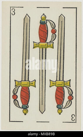 . Inglese: Aluette deck, B. P. Grimaud editor, Francia, 1860: tre di spade . 1860. B. P. Grimaud 316 Jeu d'Aluette - Grimaud - 1860 - Tre di spade Foto Stock