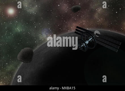 Astronave interstellare battenti alla vibrante spazio esterno con stelle, nebulosa e pianeti. Foto Stock