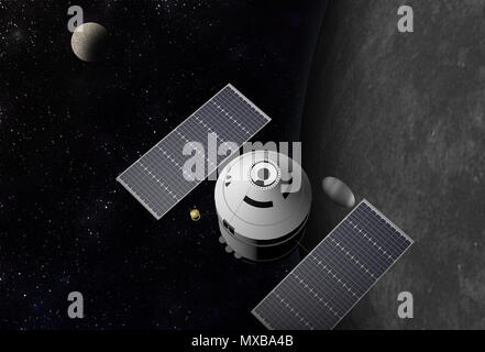 Veicolo spaziale di volare a vivaci spazio esterno con stelle, nebulosa e pianeti. Foto Stock