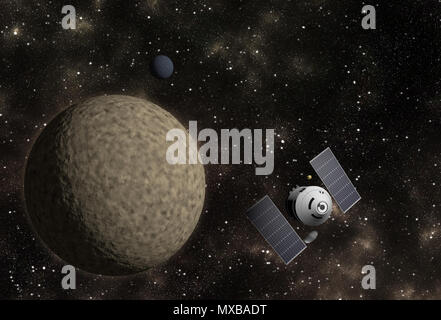 Veicolo spaziale di volare a vivaci spazio esterno con stelle, nebulosa e pianeti. Foto Stock