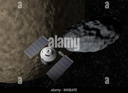 Veicolo spaziale di volare a vivaci spazio esterno con stelle, nebulosa e pianeti. Foto Stock