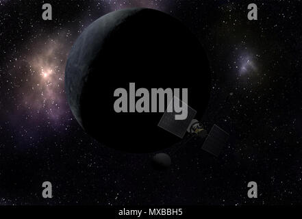 Veicolo spaziale di volare a vivaci spazio esterno con stelle, nebulosa e pianeti. Foto Stock