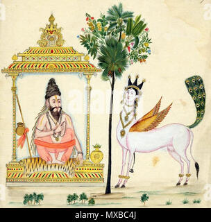 . Inglese: "dipinto di rishi, il Parijata Tree e Kamadhenu. La salvia si siede in una cornice architettonica, seduto su una tigre-pelle e con yogabandha. Nella sua mano destra egli detiene un rosario. Alla sua destra sono la sua acqua-pot e il personale mentre alla sua sinistra è un lotah con foglie di bilva. Al centro della pagina è la Parijata Tree, con molti tipi diversi di foglie e fiori. A sinistra è il desiderio-fulfiling mythic bestia, Kamadhenu Surabhi o. È un uomo coronato di testa, il corpo di una vacca (con cavigliere), come pure le ali e di un pavone la coda. Un elemento di prospettiva è fornita dal abbozzato Foto Stock