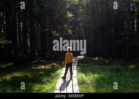 Giovane ragazzo in giallo t-shirt camminando sul percorso di legno attraverso dense foreste di pino Foto Stock