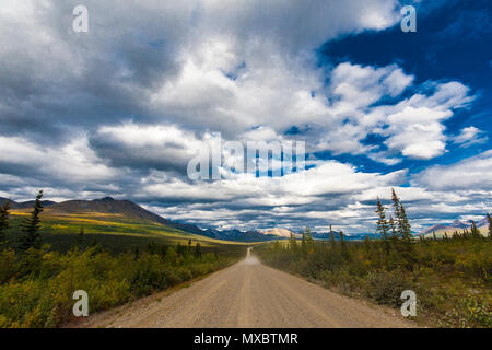 Strada dell'Alaska. Denali Highway in bel tempo. Foto panoramica Foto Stock