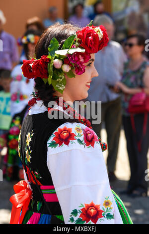 Lowicz / Polonia - maggio 31.2018: Ritratto di una donna vestita di un variopinto folklore, costumi regionali con la ghirlanda di fiori sulla testa durante il Corpus Chris Foto Stock