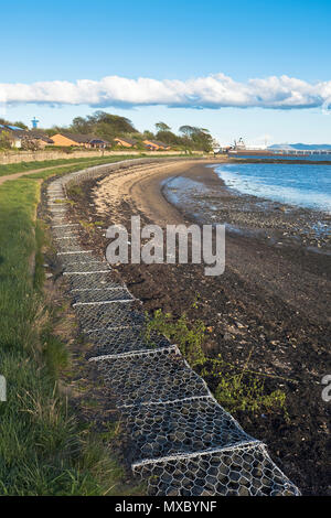 dh Gabion cesti MARE DIFESE UK Seawall costa difesa gabioni gabbie mantenendo muro spiaggia Scozia fife erosione costiera al mare Foto Stock