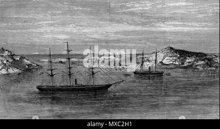 . Inglese: "Polaris" e "Congress" a Godhaven, discoteca, isola al largo della costa della Groenlandia, una incisione su legno da Harper's settimanale, maggio 1873. Congresso USS (sinistra) sono arrivati alla discoteca isola il 10 agosto 1871 trasportare materiali per Charles Francis Hall per la spedizione artica a bordo Polaris, che cotto a vapore lontano il 17 agosto. Il 25 luglio 2008 (originale data di caricamento). Uploader originale era Hugh Manatee a en.wikipedia 599 la Polaris e Congresso a Godhaven, discoteca Isola Foto Stock