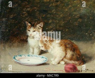 . Jules Leroy: giocoso gattini, olio su pannello, 8 x 10 in (20,3 x 25,4 cm) . Data sconosciuta. Jules Leroy (1856-1921) 329 Jules Leroy - giocoso gattini Foto Stock