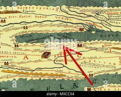 . Inglese: intaglio dalla Tabula Peutingeriana, 1-4secolo CE. Edizione Facsimile da Conradi Millieri, 1887/1888; la freccia rossa mostra Tabula Peutingeriana posti nella moderna Bulgaria; sulla mappa: Messembria; nella moderna Bulgaria: città Nesebar Deutsch: Ausschnitt aus der Tabula Peutingeriana; Orte und Stationen auf der Tabula Peutingeriana im heutigen Bulgarien; der rote Pfeil auf der Karte zeigt: Messembria; im heutigen Bulgarien: Stadt Nessebar Български: Изрез от Пойтингеровата карта; Места на Пойтингеровата карта намиращи се в днешна България; червенате стрела на картата показва: Messembria; в д Foto Stock