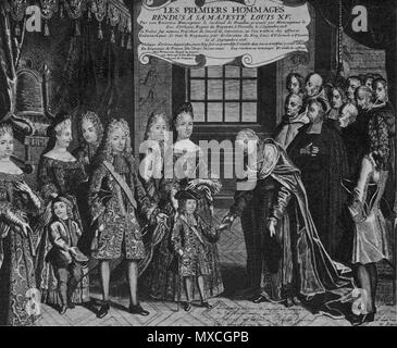 . " Il re è morto, viva il re', 1 settembre 1715. Il giorno di Luigi XIV la morte. cinque-anno-vecchio Luigi XV., a cui hanno partecipato il Regent, il Duca di Orléans (nipote di Luigi XIV) riceve l'omaggio del Cardinale de Noailles. Nota I modelli e le trame dei tessuti ricchi broccati. Francese . Caricate 11/9/2006. Sconosciuto 378 Luigi XIV dopo la morte Foto Stock