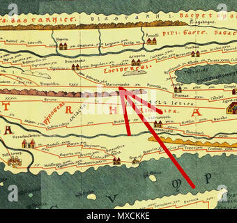 . Inglese: intaglio dalla Tabula Peutingeriana, 1-4secolo CE. Edizione Facsimile da Conradi Millieri, 1887/1888; la freccia rossa mostra Tabula Peutingeriana posti nella moderna Bulgaria; sulla mappa: Marcianopolis; nella moderna Bulgaria: città Devnya Deutsch: Ausschnitt aus der Tabula Peutingeriana; Orte und Stationen auf der Tabula Peutingeriana im heutigen Bulgarien; der rote Pfeil auf der Karte zeigt: Marcianapolis; im heutigen Bulgarien: Stadt Dewnja Български: Изрез от Пойтингеровата карта; Места на Пойтингеровата карта намиращи се в днешна България; червенате стрела на картата показва: Marcianapoli Foto Stock