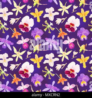 Orchid seamless pattern, acquerello illustrazione con diversi disegnati a mano fiori tropicali, orchidee isolato sul profondo sfondo viola Foto Stock