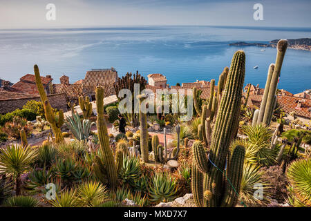 Eze Village in Francia, vista dal giardino botanico (Jardin Exotique) al Mare Mediterraneo, Costa Azzurra - Cote d'Azur Foto Stock