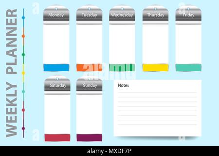 Planner settimanale con la sequenza temporale di un grafico per note e grafici bianchi con etichette di metallo su appeso pronto per il tuo testo. Illustrazione Vettoriale