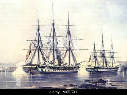 . Español: Pintura del Combate Naval de Abtao, en exhibición en el Museo Naval del Ministerio de Marina del Reino de España, Fragatas de hélice Blanca y Villa de Madrid. Obra de Federico Castellón Martinez. Inglese: Spagnolo fregate a vite Blanca e Villa de Madrid durante la battaglia navale di Abtao (1866), spagnola Museo Navale di Madrid. Dipinto da Federico Castellón Martinez. . Federico Castellón Martínez 439 Battaglia navale di Abtao (1866) Foto Stock