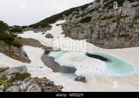 Hallstatt: Däumelsee lago, montagna Dachstein in Austria, Oberösterreich, Austria superiore, regione del Salzkammergut Foto Stock