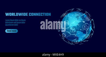Rete globale di connessione. Mappa mondo America continente linea punto di informazioni a livello mondiale della tecnologia di scambio dat business. Il pianeta terra spazio bassa poli rendering poligonale illustrazione vettoriale Illustrazione Vettoriale