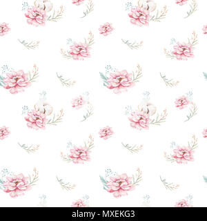 Acquerello seamless motivo floreale con cotone. Bohemian modelli naturali: foglie, piume, fiori isolati su sfondo bianco. Decoratio artistica Foto Stock