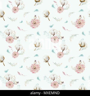 Acquerello seamless motivo floreale con cotone. Bohemian modelli naturali: foglie, piume, fiori isolati su sfondo bianco. Decoratio artistica Foto Stock