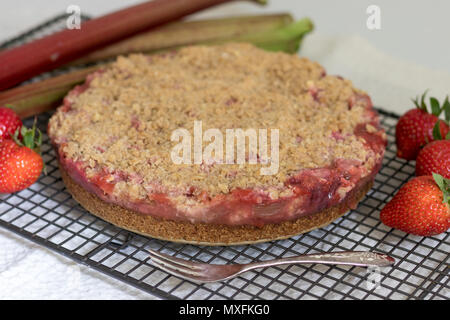 Pane appena sfornato di fragole e rabarbaro crumble slice. Senza glutine e senza latte e derivati. Un sano dessert o spuntino. Foto Stock