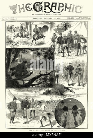 Pagina anteriore del grafico illustrato giornale per gennaio 12th, 1884, mostrando i cacciatori inglesi ricerca per l'uomo mangiare Junglepoor Tiger Foto Stock