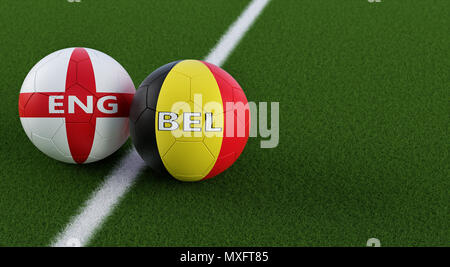 Inghilterra vs. Belgio partita di calcio - palloni da calcio in Englands e nazionale belga di colori su un campo di calcio. Copia dello spazio sul lato destro - il rendering 3D Foto Stock