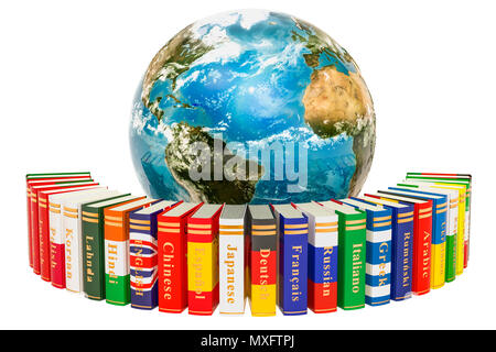 Lingue libri con globo terrestre, rendering 3D isolati su sfondo bianco Foto Stock