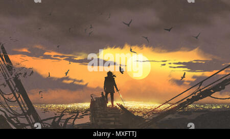 Il pirata con una spada in piedi sulle rovine della barca e guardando il Golden tesori al tramonto, arte digitale stile, illustrazione pittura Foto Stock