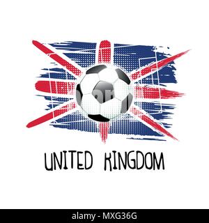 Scritto a mano la parola " Regno Unito " con pallone da calcio, campo da calcio e i colori astratti del Regno Unito bandiera. Illustrazione Vettoriale. Illustrazione Vettoriale