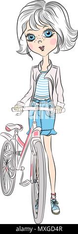 Vettore ragazza carina con noleggio biciclette Illustrazione Vettoriale