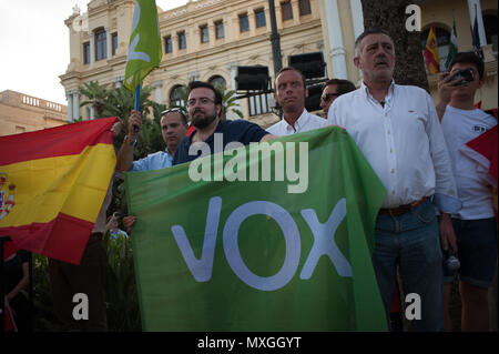 Malaga, Spagna. Il 3 giugno, 2018. I membri del partito politico VOX dimostrare durante la protesta. La protesta è stata chiamata dal diritto spagnolo partito politico VOX la rivendicazione elezioni generali in Spagna, dopo la mozione di sfiducia contro il Primo Ministro Mariano Rajoy e a favore del recente socialista spagnolo il Primo Ministro Pedro SÃ¡nchez. Credito: Gesù Merida/SOPA Immagini/ZUMA filo/Alamy Live News Foto Stock