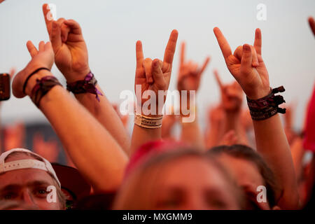 03 giugno 2018, Germania, Nuerburg: ventole a prestazioni di banda noi 'Foo Fighters' sul palco principale al Festival musicale 'Rock Am Ring'. Intorno a 80 bande sono esecuzione di quest'anno. Foto: Thomas Frey/dpa Foto Stock