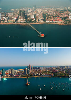 (180604) -- QINGDAO, Giugno 4, 2018 (Xinhua) -- combinati foto mostrano vedute aeree di Zhanqiao Pier a Qingdao, Cina orientale della provincia di Shandong, prese rispettivamente nel 1996 (superiore) e il 4 maggio 2018. Lo sviluppo della città costiera può essere visto dal file foto di Qingdao prese dal fotografo Zhang Yan su un elicottero dal 1996 e quelle nuove prese da fuchi. Qingdao, come una delle prime città cinesi ad aprire, è stato un importante porto per la cinghia e la strada e che la gente potrebbe rilevare la vasta e profonda cultura locale e la vitalità della Cina di riforma e apertura. (Xinhua/Zhang Y Foto Stock