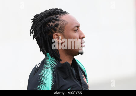 Lisbona, Portogallo. Il 4 giugno, 2018. Il Portogallo in avanti Gelson Martins durante una sessione di formazione a Cidade do Futebol calcio (Città) training camp Oeiras, periferia di Lisbona, il 4 giugno 2018, davanti la Coppa del Mondo FIFA Russia 2018 Preparazione match contro l'Algeria. Credito: Pedro Fiuza/ZUMA filo/Alamy Live News Foto Stock