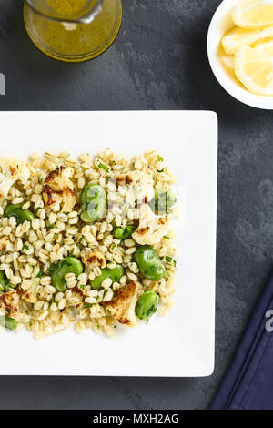 Freschi Fatti in casa vegan Insalata di orzo perlato, fave, cavolfiore arrosto e prezzemolo, vinaigrette e le fette di limone sul lato Foto Stock