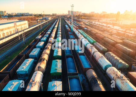 Vista aerea di coloratissimi treni merci. Carri merci sulla stazione ferroviaria. I carri con merci su ferrovia. Industria pesante. Paesaggio industriale con trai Foto Stock