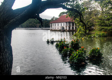 Vista sul magnifico lago nel centro di Kandy in Sri Lanka, circondato da colline e case Foto Stock