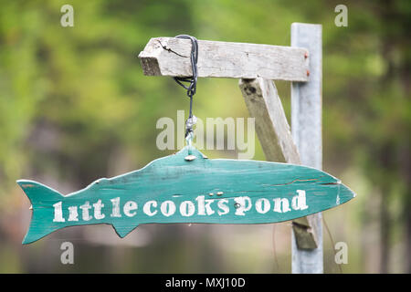 Cartello in legno a poco Cook's Pond su tre Camp Road nelle Montagne Adirondack, NY USA Foto Stock