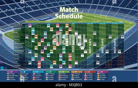 Grafico che mostra la Russia 2018 torneo di calcio calendario. Tabella di pianificazione con la data di ogni partita di calcio. Lo stadio colorato pieno di persone sullo sfondo. Illustrazione Vettoriale