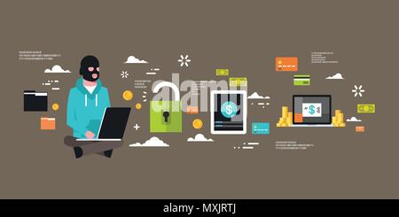 L'uomo nero maschera seduti al computer Hacker Nozione di attività virus Privacy Dei Dati attacco Internet Information Security Flat Illustrazione Vettoriale