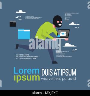 Man In Black Mask Laptop maschiato scappare Hacker furto di informazioni private Flat Illustrazione Vettoriale