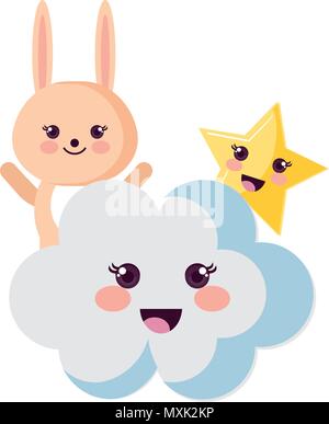 Simpatico coniglio con il cloud e stella kawaii caratteri Illustrazione Vettoriale