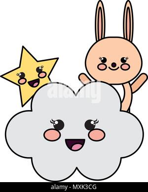 Simpatico coniglio con il cloud e stella kawaii caratteri Illustrazione Vettoriale